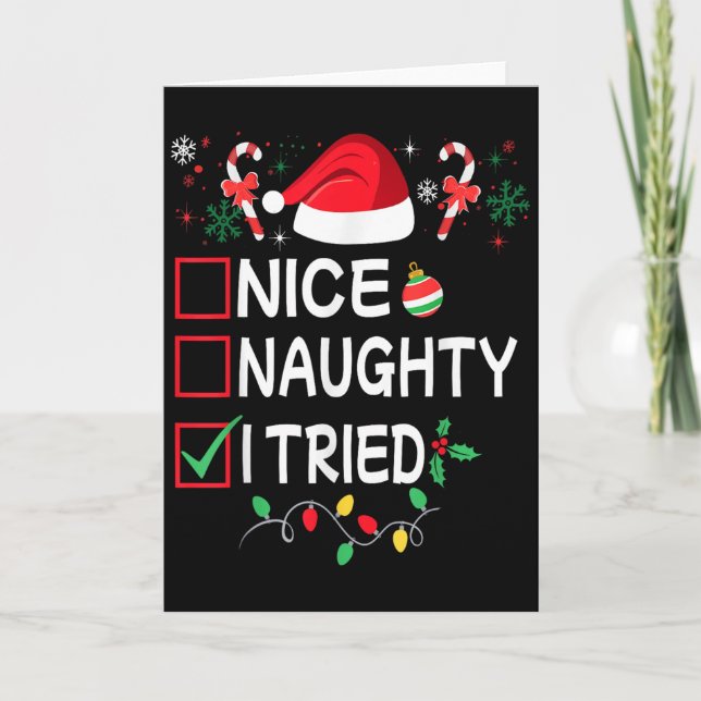 Nice Naughty I Tried Funny Christmas List Pajama F Card (Front)