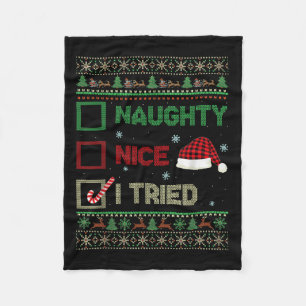 Nice Naughty I Tried Ugly Sweater Red Plaid Christ Fleece Blanket