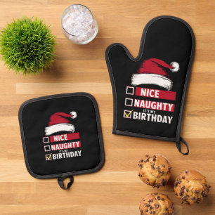 Nice Naughty It's My Birthday Christmas List Santa Oven Mitt & Pot Holder Set