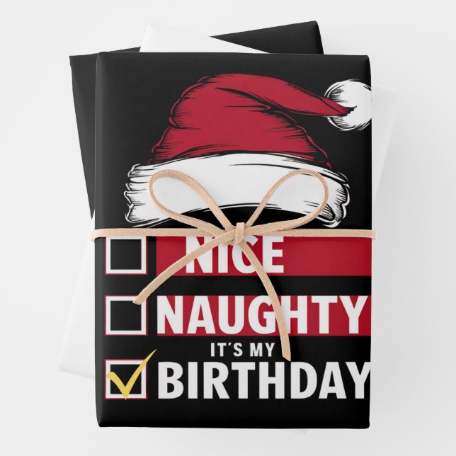 Nice Naughty It's My Birthday Christmas List Santa Wrapping Paper Sheet (In situ)