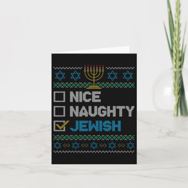 Nice Naughty Jewish Ugly Christmas Sweater Funny H Card (Front)