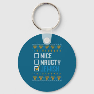 Nice Naughty Jewish Ugly Christmas Sweater Funny H Key Ring