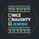 Nice Naughty Jewish Ugly Hanukkah Sweater Classic Round Sticker<br><div class="desc">Nice Naughty Jewish Ugly Hanukkah Sweater</div>
