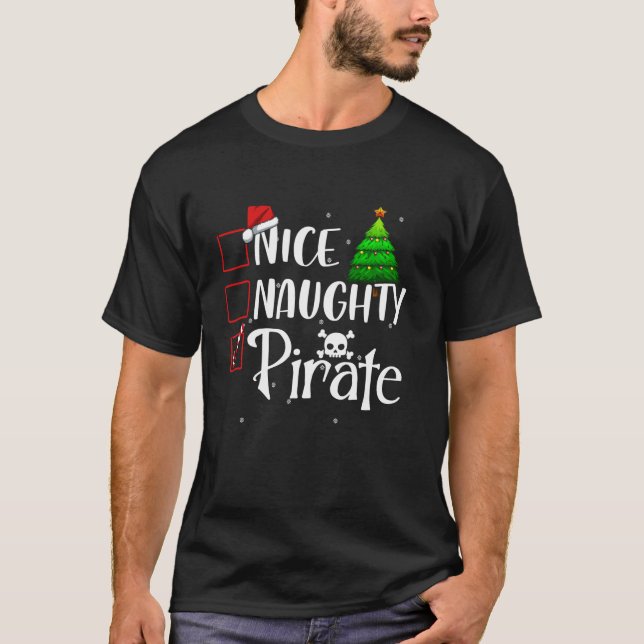 Nice Naughty Pirate Leg Amputee Christmas Matching T-Shirt (Front)