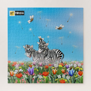 Nice Sunny day for cute zebras walking on meadow Jigsaw Puzzle