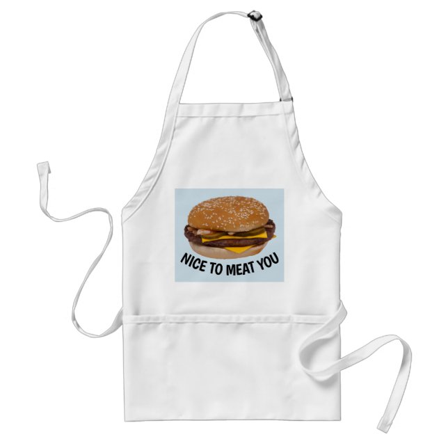 NICE TO MEAT YOU, FUNNY Cheeseburger Aprons (Front)