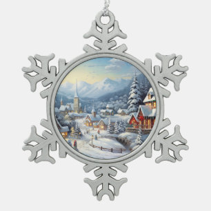 Nice village on a Christmas day Snowflake Pewter Christmas Ornament