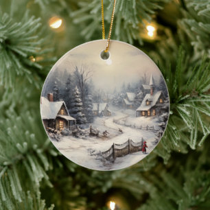 Nice village on Christmas night Ceramic Tree Decoration