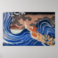 Nichiren calms a storm in Kakuda, Kuniyoshi