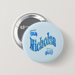 Nicholas Name With Fire Trucks, 6 Cm Round Badge