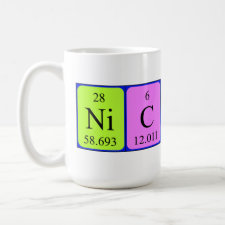 Mug featuring the name Nicholas spelled out in symbols of the chemical elements