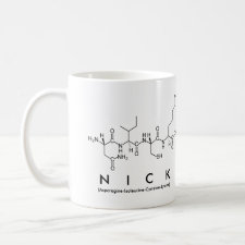 Mug featuring the name Nick spelled out in the single letter amino acid code