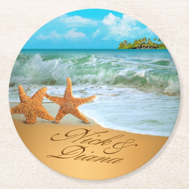 Nick Starfish Couple ASK 4 YOUR NAMES IN SAND Round Paper Coaster (Front)