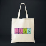Nicola periodic table name tote bag<br><div class="desc">Nicola spelled out as N I Co La (Nitrogen Iodine Cobalt Lanthanum) on a bag for the scientist in you.</div>