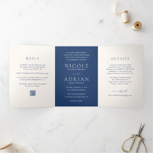 Nicole Royal Blue Elegant Wedding Tri-Fold Invitation