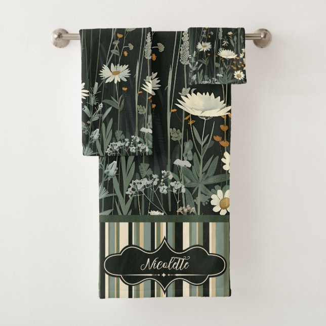 Nicolette Dark Daisy Floral Striped Bath Towel Set (Insitu)
