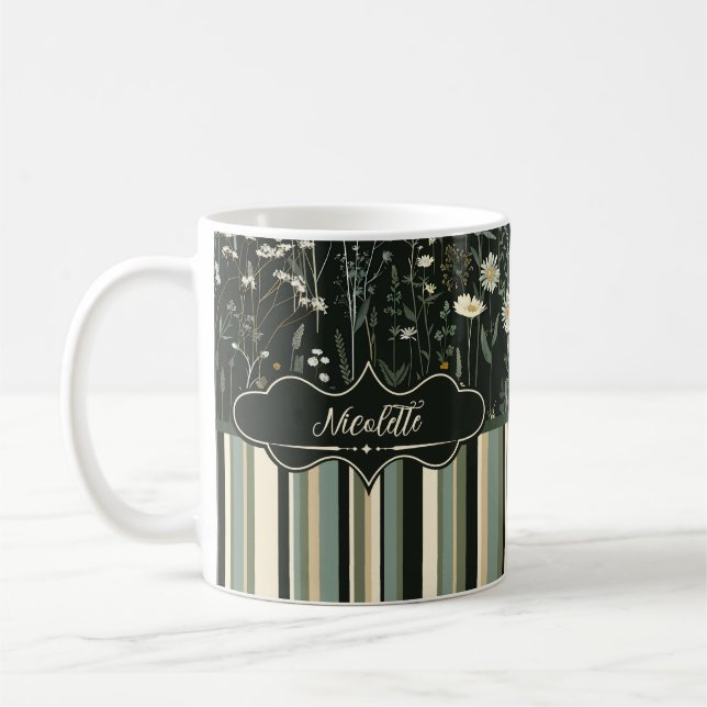 Nicolette Dark Daisy Floral Striped Coffee Mug (Left)