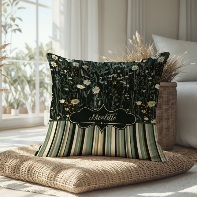Nicolette Dark Daisy Floral Striped Cushion (Creator Uploaded)