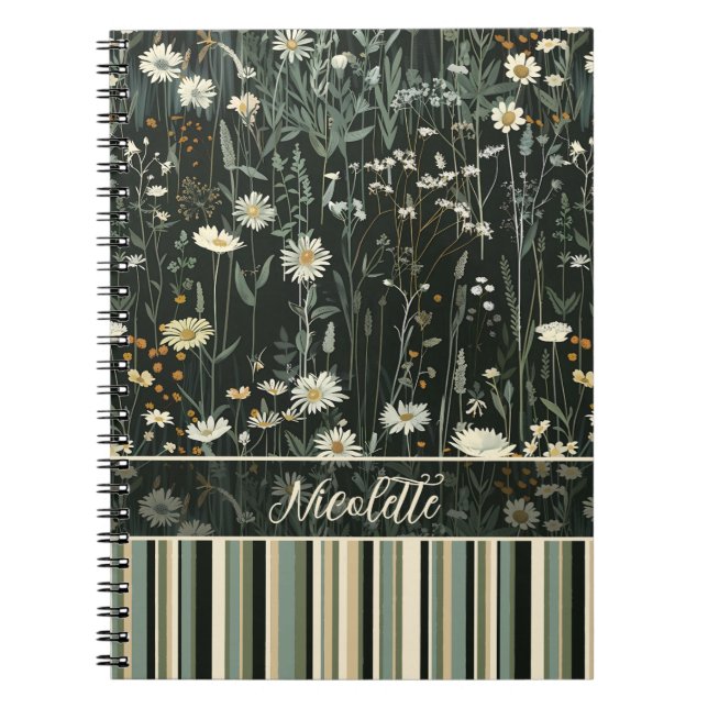 Nicolette Dark Daisy Floral Striped Notebook (Front)