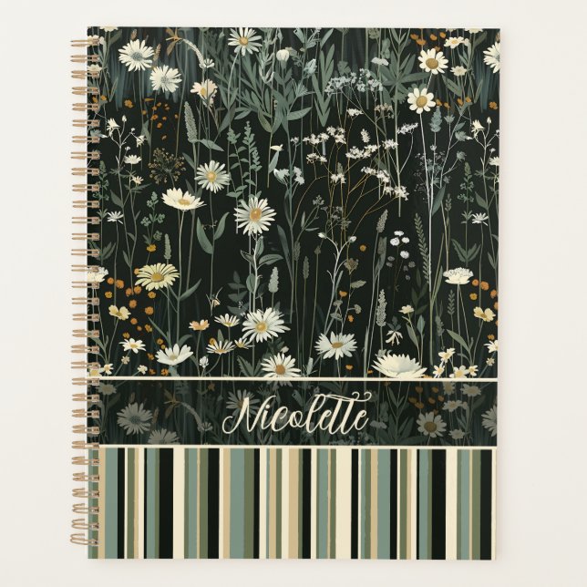 Nicolette Dark Daisy Floral Striped Planner (Front)