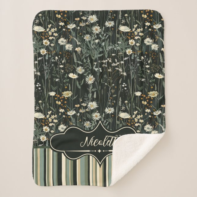 Nicolette Dark Daisy Floral Striped Sherpa Blanket (Front)