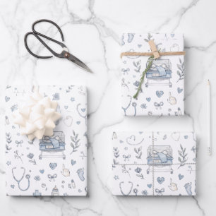 NICU Nurse Appreciation Blue Medical Toile Wrapping Paper Sheet