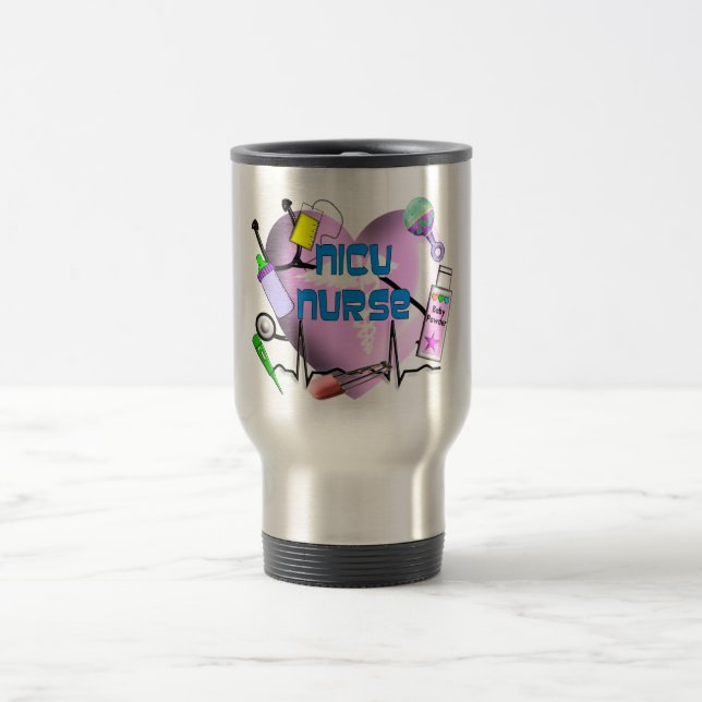 NICU Nurse Pink Heart Design Gifts Travel Mug (Center)