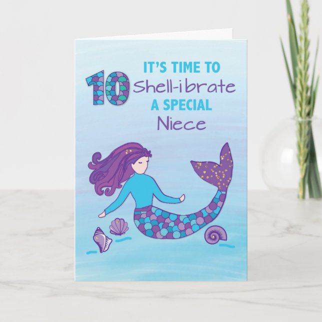 Niece 10th Birthday Sparkly Look Mermaid Card (Front)