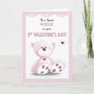 Niece, 1st Valentine's Day, Pink Teddy Bear on Gra Holiday Card