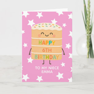Niece 6th Birthday Cute Cake Pink Custom Card