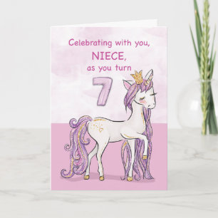 Niece 7th Birthday Pink Horse With Crown Card