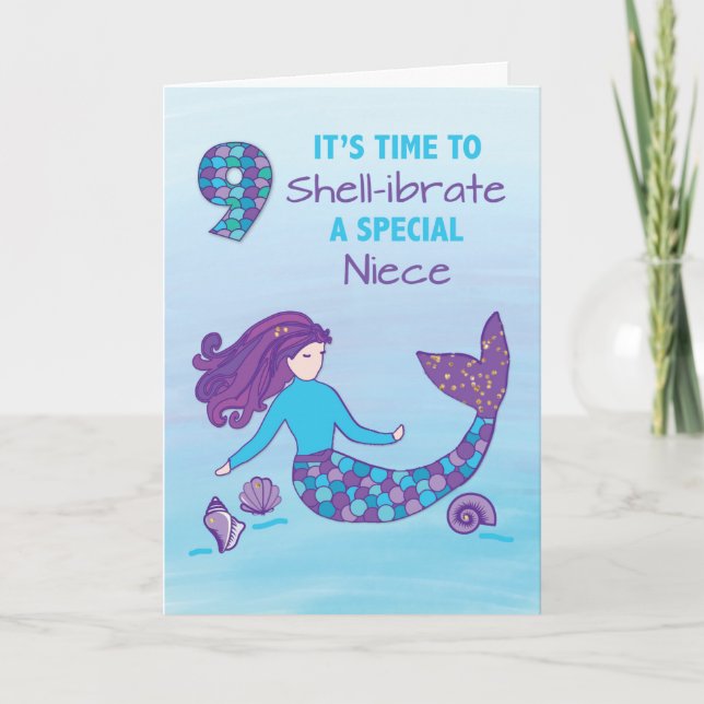 Niece 9th Birthday Sparkly Look Mermaid Card (Front)