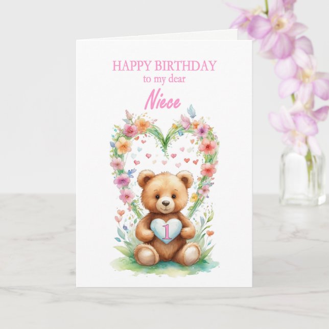Niece Age 1 Teddy Bear  Card (Orchid)