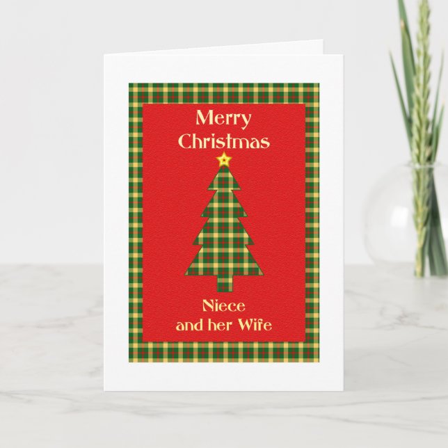 Niece and her Wife Tartan Christmas Tree Holiday Card (Front)