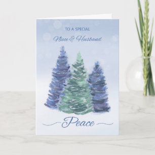 Niece and Husband Holiday Peace Evergreen Trees Card