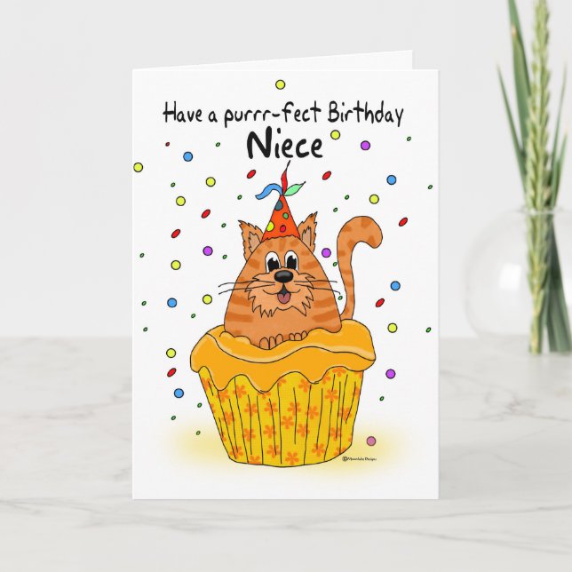 niece birthday card with ginger cupcake cat (Front)
