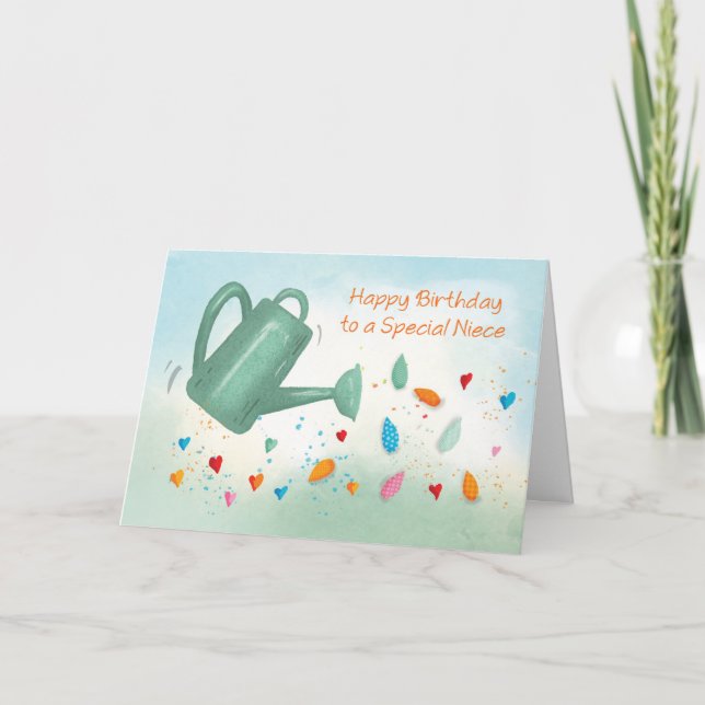 Niece Birthday Watering Can Sprinkling Hearts Card (Front)