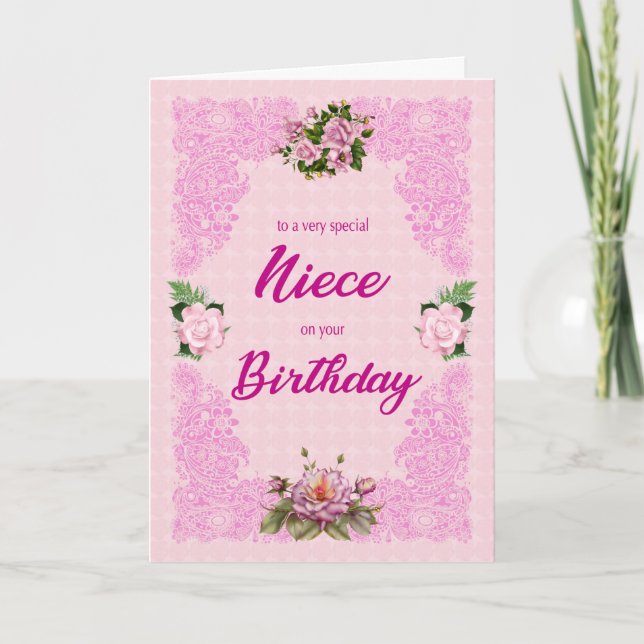 Niece Birthday with Pink Roses Card (Front)