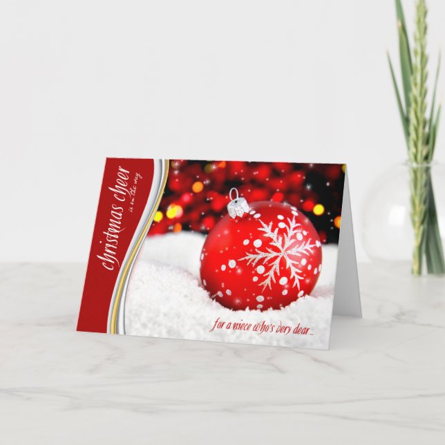 Niece Christmas Cheer - Red Snowflake Ornament Holiday Card (Front)