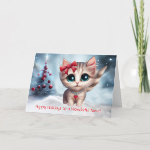Niece Christmas Holiday Cute Kitten Cat with Bow  Card