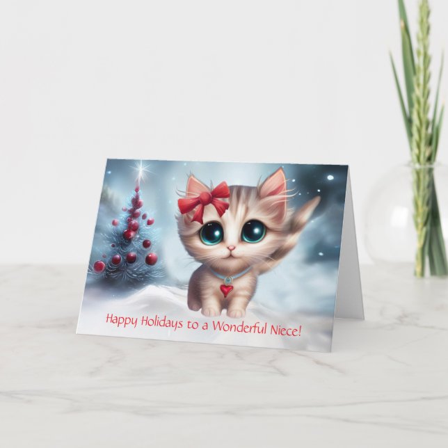 Niece Christmas Holiday Cute Kitten Cat with Bow  Card (Front)