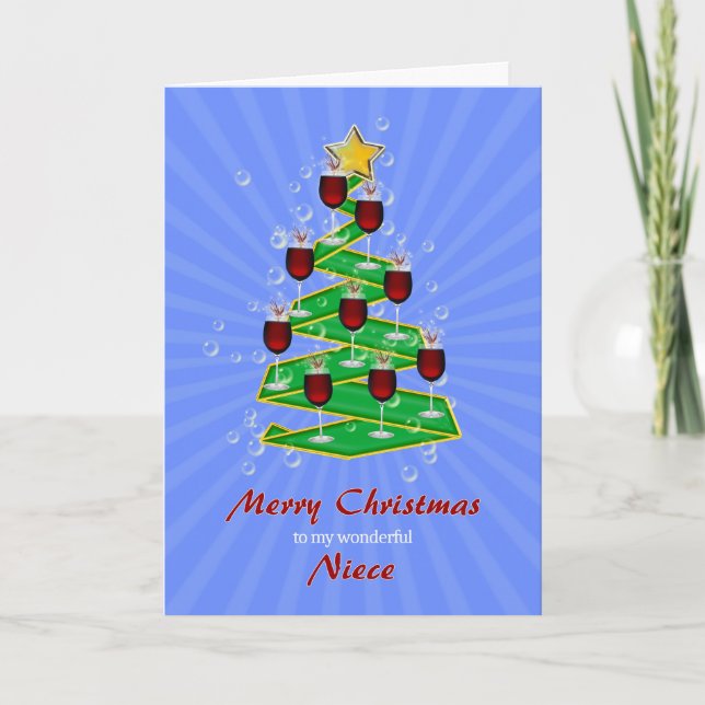 Niece, Christmas Tree with Wine Holiday Card (Front)