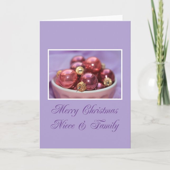 Niece & Family merry christmas lila &  pink orname Holiday Card (Front)