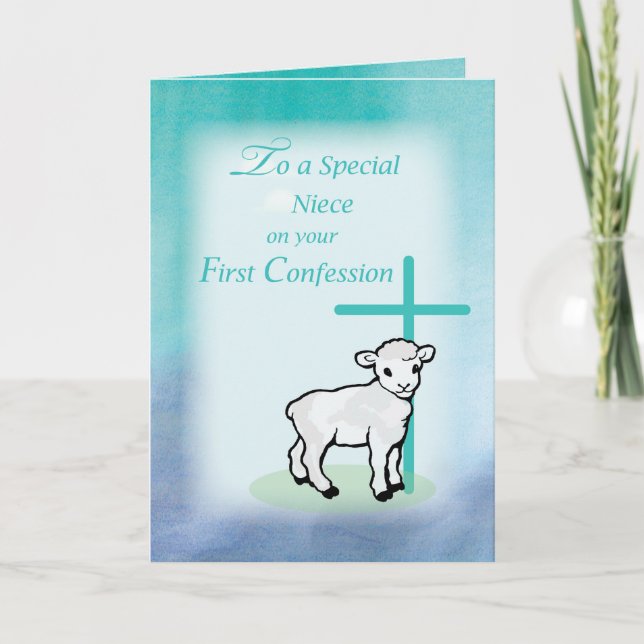 Niece First Confession Lamb Cross on Teal & Purple Card (Front)