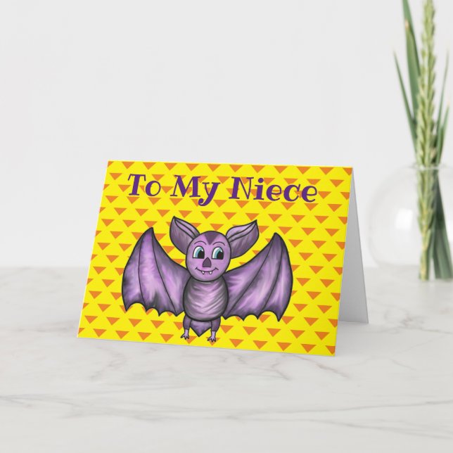 NIECE HALLOWEEN HOLIDAY CARD BAT ORANGE PURPLE (Front)