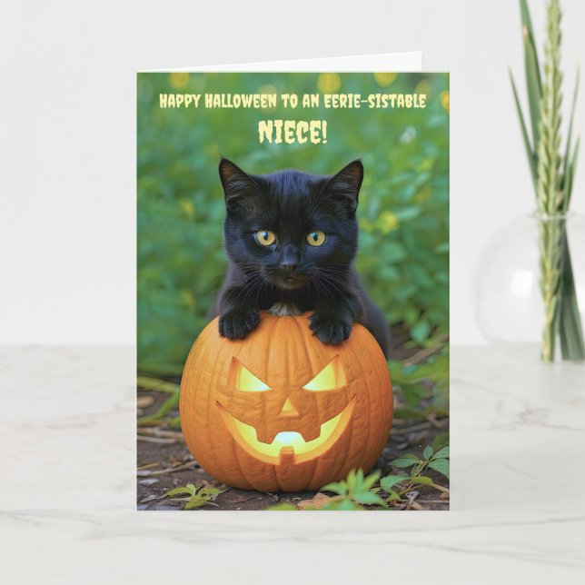 Niece Halloween Little Black Cat Kitten  Card (Front)