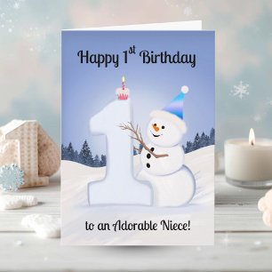 Niece Happy 1st Birthday Snowman Building Card