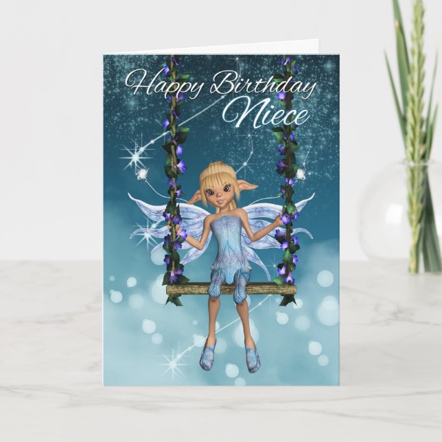 Niece Happy Birthday cute fairy on flower swing Card (Front)