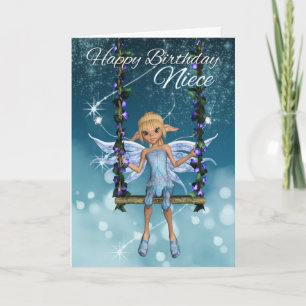Niece Happy Birthday cute fairy on flower swing Card
