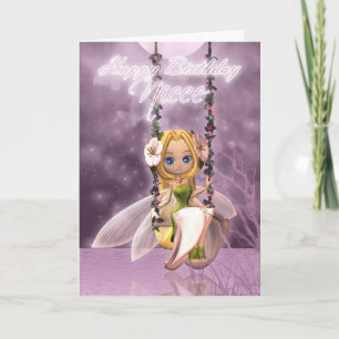 Niece Happy Birthday cute fairy on flower swing, m Card